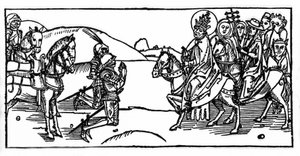 Papa Leone I incontra Attila e lo ferma - Incisione da “Leben der Heiligen - sommerteil” (Il libro dei santi) di Jacobus da Varagine (1228-1298). Lubecca 1488 da Unknown artist