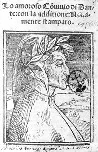 Ritratto di Dante Alighieri (1265 - 1321), poeta italiano. Frontespizio di "Il Convivio"