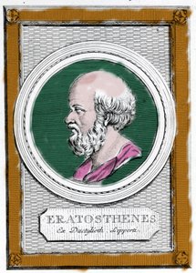 Ritratto di Eratostene di Cirene (ca. 284 a.C. - 194 a.C.), scienziato, geografo e poeta greco. Fu direttore della biblioteca di Alessandria e calcolò la misura del meridiano terrestre. Ritratto da: "Galleria degli antichi greci e romani" da Unknown artist