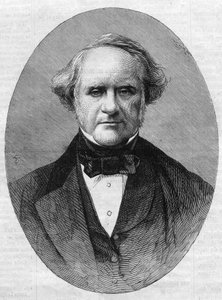 Ritratto di George Peabody (1795-1869), imprenditore e filantropo, fondatore del Peabody Institute Conservatory della Johns Hopkins University nel Maryland, Stati Uniti. Incisione in "L
