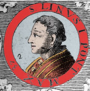 Ritratto di Papa Lino (San Lino), vescovo di Roma e successore di Pietro. I secolo. Incisione del XIX secolo