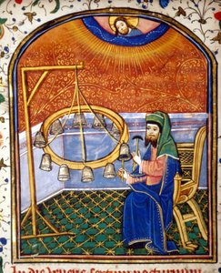 Ritratto di Pitagora (ca. 570 - circa 480 a.C.), matematico e filosofo greco, che suona uno strumento a percussione (campane), miniatura del XV secolo.