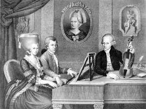Ritratto di Wolfgang Amadeus Mozart (1756 - 1791) tra suo padre e sua madre. Litografia del 19° secolo. da Unknown artist