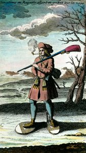 Ritratto di un canadese con racchette da neve sulla neve che va in guerra. Incisione del XVIII secolo. Collezione privata.