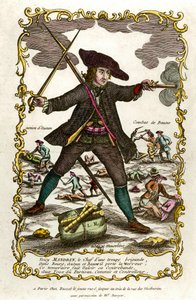 Ritratto del brigante francese Louis Mandrin (ca. 1725-1755). Dietro di lui, azione di Autun e battaglia di Baune. Incisione del XVIII secolo. Collezione privata da Unknown artist