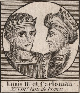Ritratti di Luigi III (863/65-882) Re dei Franchi tra il 879 e il 882 e Carlomanno II (866-884), Re dei Franchi dal 879 al 884 - Luigi II Re della Francia Occidentale e Carlomanno II, Re della Francia Occidentale - incisione da 