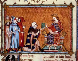 Presentazione del libro: Jean de Joinville (1224-1317) offre il suo libro a Luigi Re di Navarra futuro Luigi X l