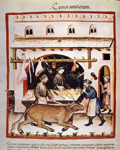 Produzione e vendita (macelleria) di carne bovina: un bovino viene stordito. Miniatura dal Tacuinum sanitatis da Unknown artist