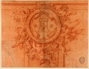 Progetto per una decorazione murale (figure femminili e putti sostengono un medaglione circolare con stemma) da Unknown artist