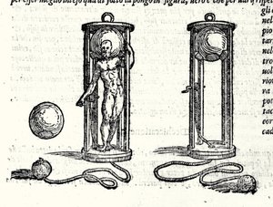 Progetto del primo scafandro di Niccolò Fontana detto Tartaglia (1499-1557) nel 1551. Incisione del XVI secolo