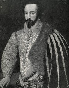 Sir Walter Raleigh (1554-1618). Marinaio, esploratore e broker inglese. Ritratto di Sir Walter Raleigh. Inciso nel 1891, eseguito dopo un originale anonimo conservato alla National Portrait Gallery di Londra. Incisione da Unknown artist