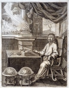 René Descartes (1596 - 1650) nel suo ufficio con attrezzature scientifiche. Incisione del XVII secolo da Unknown artist