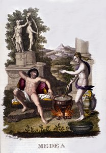 Rappresentazione di Medea che prepara le sue maledizioni dopo il ciclo degli Argonauti. Incisione del 19° secolo. da Unknown artist