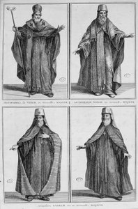 Rappresentazione di un vescovo di Mosca in abito ordinario e cerimoniale. Incisione da Unknown artist