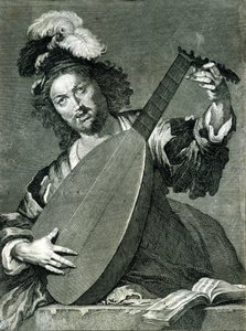 Rappresentazione di un suonatore di liuto che accorda il suo strumento.