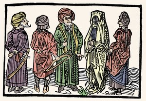 Rappresentazione del grano saraceno. Uomini con braccia intrecciate e donne velate. Xilografia del XV secolo da Unknown artist