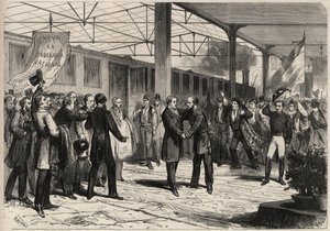 Rivoluzione di settembre 1868 in Spagna (Gloriosa): arrivo di Salustiano Olozaga (1805-1873) a Madrid. Incisione in "L