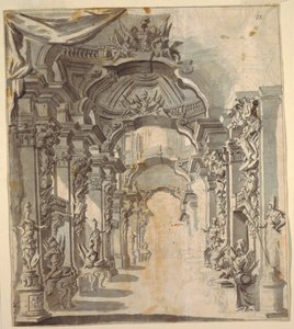 Galleria riccamente decorata (con trofei su piedistalli) da Unknown artist