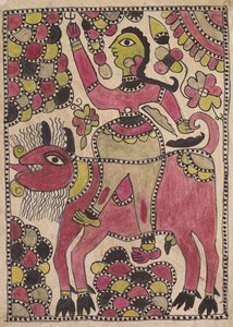 Cavaliere e creatura bovina quadrupede in palette malva, chartreuse e nero da Unknown artist