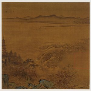 Paesaggio fluviale: una pagoda, rapide spumeggianti, colline lontane
