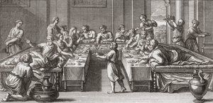 Triclinio romano, o sala da pranzo, con tavolo e divani da Unknown artist