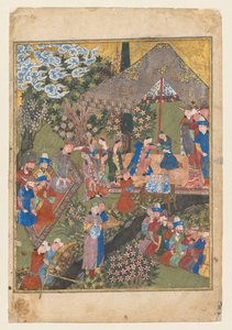 Ricevimento reale in un paesaggio, foglio destro del doppio frontespizio di uno Shahnama (Libro dei Re) di Firdausi (Persiano, circa 940–1019 o 1025) (verso) da Unknown artist