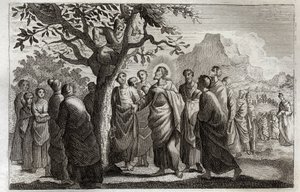 Bibbia di Royaumont, Nuovo Testamento: Conversione di Zacheo. Gesù Cristo parla con Zacheo arrampicato sul sicomoro. Illustrazione del 1811
