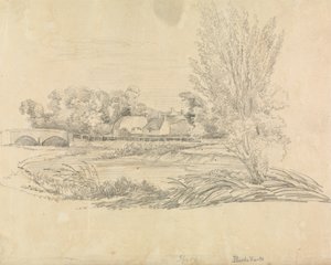 Paesaggio rurale con ponte e cottage da Unknown artist