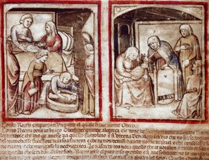 Ruth dà alla luce Obed, figlio di Boaz. Miniatura dal codice 212 (o codice padovano o Bibbia di Padova) 1390-1400 Rovigo, Accademia dei Concordi da Unknown artist