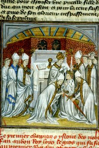 Incoronazione di Luigi VI (1108) - Illustrazione di manoscritto su pergamena del Medioevo “Grandi Cronache di Saint-Denis” fine XIV secolo da Unknown artist