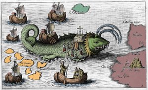 San Brandano, eroe e santo irlandese del VI secolo, rappresentato mentre celebra la Messa sul dorso della balena gigante Jasconius. La leggenda dice che la sua barca fu trasportata sul dorso di una balena. Incisione colorata del XVII secolo da Unknown artist