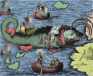 San Brandano, eroe e santo irlandese del VI secolo, rappresentato mentre celebra la Messa sul dorso della balena gigante Jasconius. La leggenda dice che la sua barca fosse trasportata sul dorso di una balena. Incisione colorata da "Nova Tipus Transacto Nav