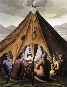 Popolo Sami: popolo indigeno che vive nelle terre dei paesi nordici (Norvegia, Finlandia, Svezia e Russia) riuniti attorno a un fuoco sotto una tenda. Incisione del 19° secolo da Unknown artist