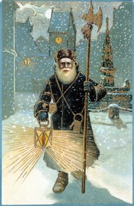 Babbo Natale nella notte con lanterna. Cartolina del XIX secolo