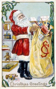 Babbo Natale che prepara i regali - Cartolina di Natale. Biglietto di auguri americano, fine XIX secolo
