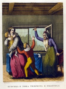 Detti: "Bella madre e figlia, tempesta e grandine". Illustrazione da una raccolta di proverbi del XVIII secolo da Unknown artist