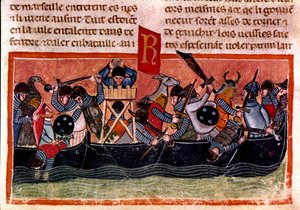 Scena di battaglia navale. Miniatura da un codice francese su pergamena Fatti dei Romani che racconta la storia antica fino a Giulio Cesare. XIII secolo Venezia, Biblioteca Marciana da Unknown artist