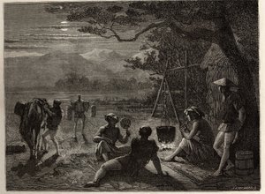 Scena di riposo del paese, al chiaro di luna, i tappeti sono eretti a terra dopo la giornata di lavoro. Incisione per illustrare il viaggio in Giappone nel 1863-1864, di Aime Humbert, ministro della Confederazione Svizzera, in "Le tour du monde, nouveau jo da Unknown artist