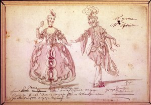 Scenografia: disegno di costumi per la pastorale "Nais" di Jean Philippe Rameau (1683-1764) 1764. Acquerello.