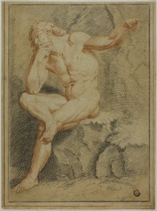 Nudo maschile seduto che indica con la mano sinistra da Unknown artist