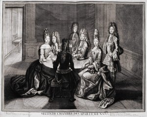 Seconda stanza degli appartamenti (Versailles): 1. Monsignore, 2. Madame Principessa di Conty Vedova, 3. Monsieur il Duca di Borbone, 4. Madame la Duchessa di Borbone, 5. Monsieur de Vendôme, Gran Priore di Francia. Incisione di Trouvain, inizio 18° secolo da Unknown artist