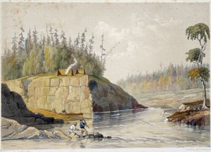 Coloni in Canada che pescano in un fiume - in "Schizzi sul nipisaguit, un fiume del New Brunswick in America" di William Hickman, ed. Halifax