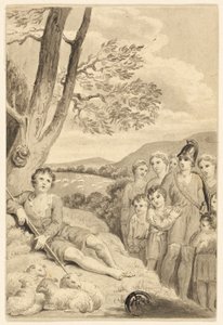 Pastorello con gregge, osservato da guerriero, donne e bambini da Unknown artist