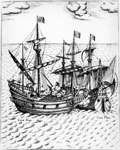 La "Golden Hind" di Sir Francis Drake (1540-1596) cattura la nave spagnola "Nuestra Senora de Conception", conosciuta come "Cacafuego" nel 1579, al largo dell