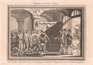 Sir Walter Raleigh libera cinque re indiani, che erano tutti legati insieme da Unknown artist