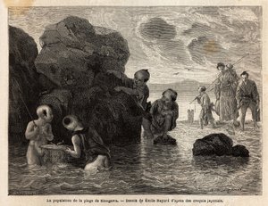 Piccole attività di pesca su una spiaggia di Sinagawa, i bambini si spruzzano nell