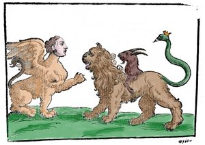 Sfinge contro Chimera da Mythologiae sive explicationes fabularum di Natalis Comitis. Patavia 1637 da Unknown artist