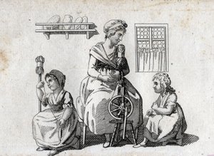 Filatura: madre e figlie che filano lana. La donna usa un filatoio e la figlia usa un fuso. Incisione della fine del XVIII secolo. Collezione privata da Unknown artist
