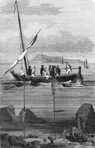 Pesca delle spugne lungo la costa della Siria: i subacquei scendono per raccogliere le spugne a mano. Incisione del XIX secolo da Unknown artist