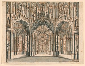 Progetto scenico, sala del palazzo con arcate da Unknown artist
